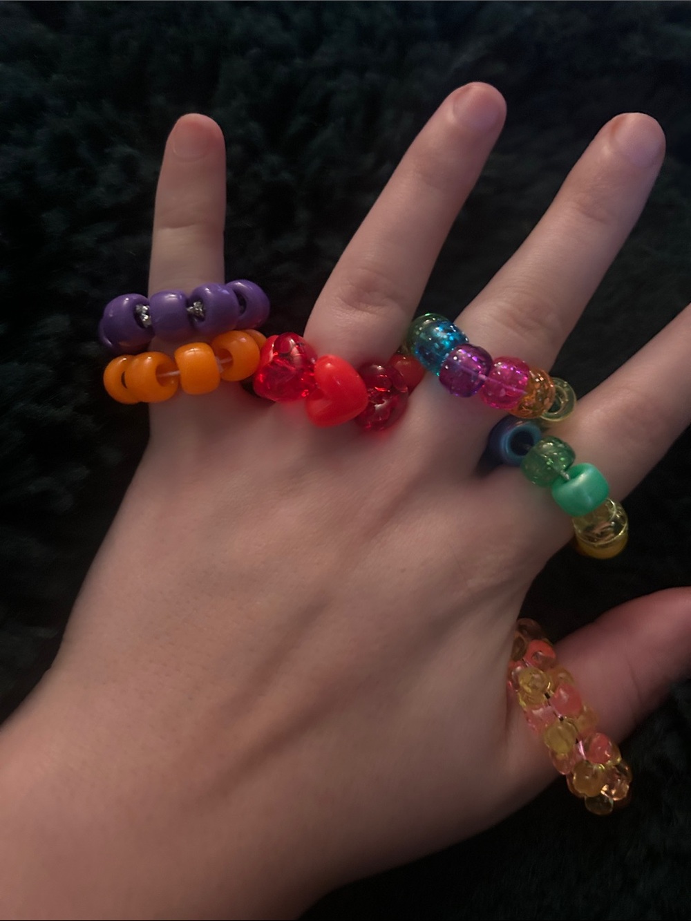 6 Homemade Kandi Colorful Beaded Stretch Rings Set - Multicolor and Red Options - Picture 2 of 2